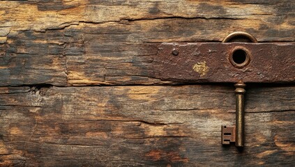 Old Rusty Key on Weathered Wood.