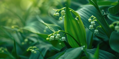 Obraz premium Close up Shot of Vibrant Green Lily of the Valley Leaves captured beautifully