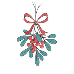 Fototapeta premium Festive mistletoe with red berries and bow illustration on a simple background