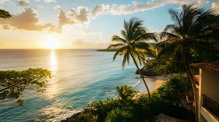 Fototapeta premium A stunning ocean view from a seaside villa with palm trees lining the shore and the turquoise sea stretching out to the horizon.