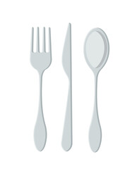 Kitchenware element concept. Stainless fork, knife and spoon. Dishware and kitchen appliance, cutlery. Equipment of cafe or restaurant. Flat vector illustration isolated on white background