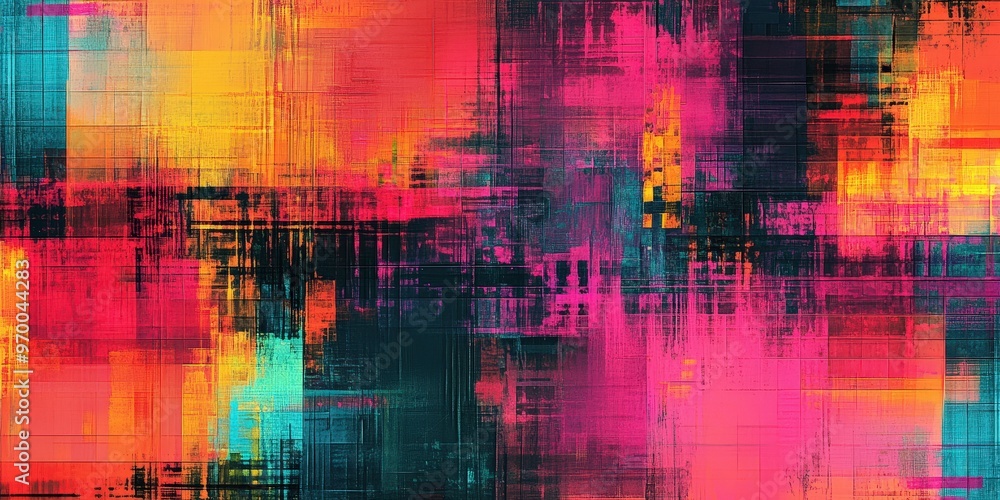 Poster colorful abstract glitch art pattern with distorted pixels for digital design.