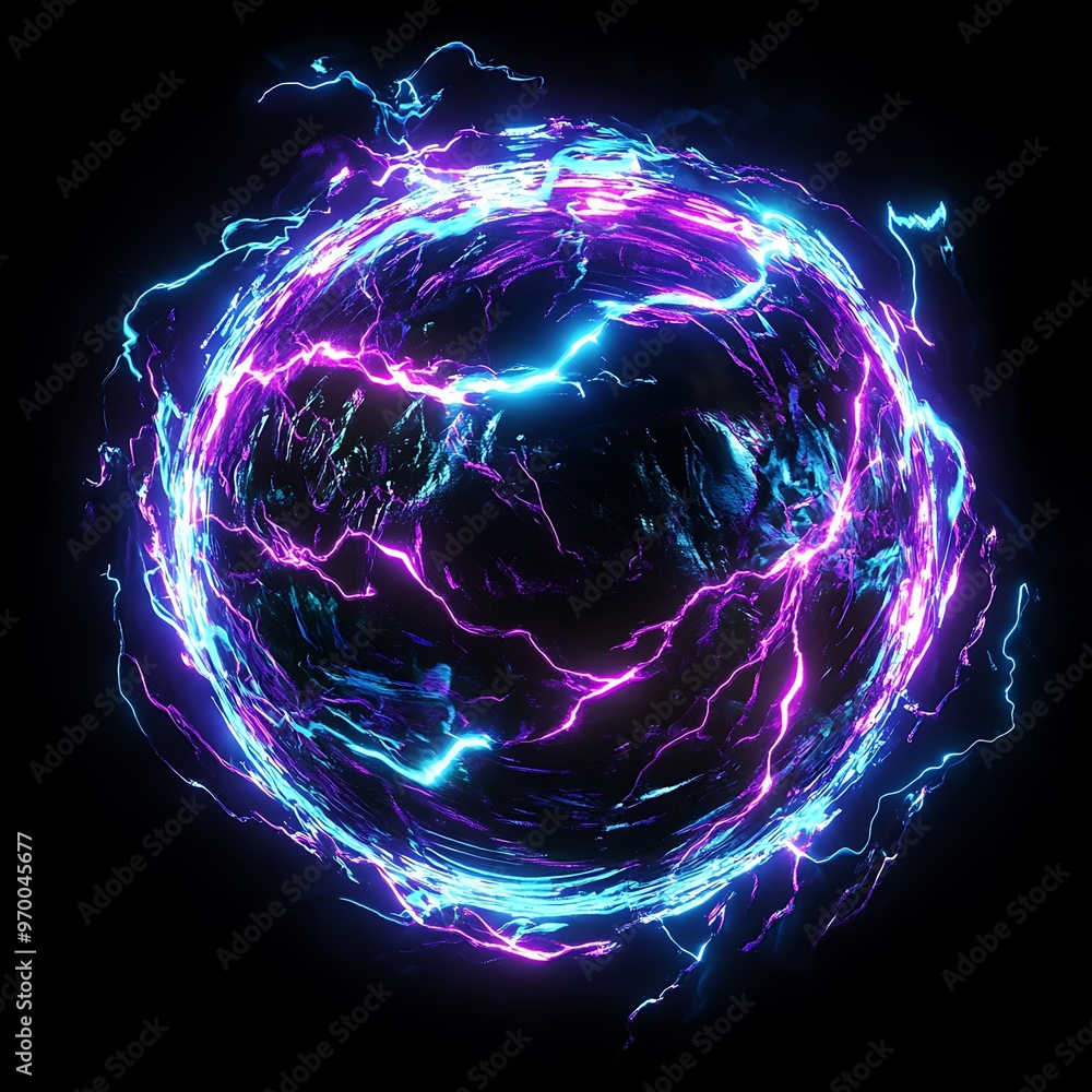 Poster abstract glowing sphere with neon lightning effect on dark background