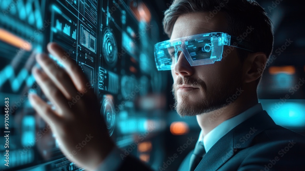 Poster man in futuristic glasses interacting with a holographic interface.