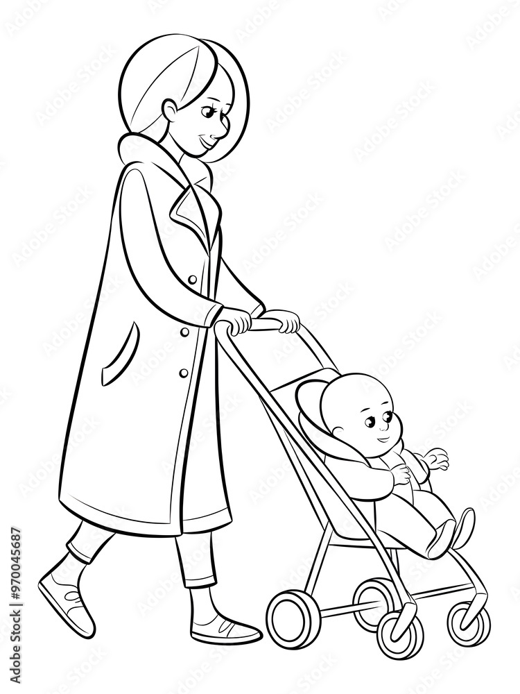 Sticker woman and child in a stroller sketch