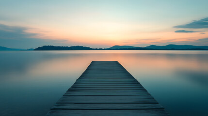 Obraz premium A tranquil ocean view from a peaceful pier with the sun setting behind distant hills and calm water reflecting the sky.