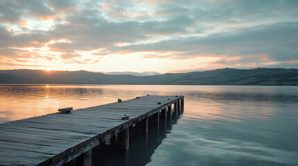 A tranquil ocean view from a peaceful pier with the sun setting behind distant hills and calm water reflecting the sky.