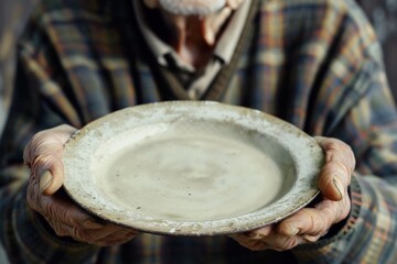 Obraz premium A man is holding a dirty plate in his hands, generative ai image