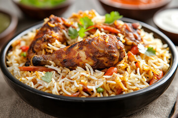 Fototapeta premium Delicious chicken biryani served in a bowl, garnished with fresh herbs and accompanied by vibrant side dishes