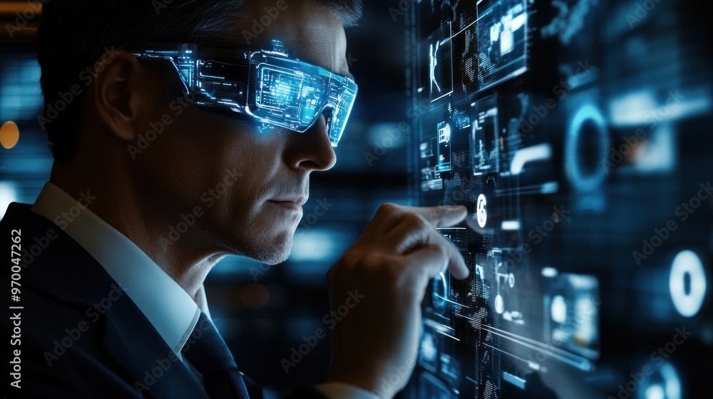 Poster man in futuristic glasses interacting with a digital interface