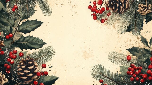 Merry Christmas, Happy New Year vintage greeting card. Flatlay with place for text. Background, poster template in Xmas and Noel style. Beautiful nostalgic craft design and layout.