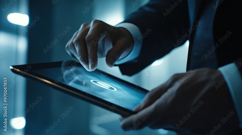 Poster close-up of a man's hand using a tablet with a profile icon on the screen