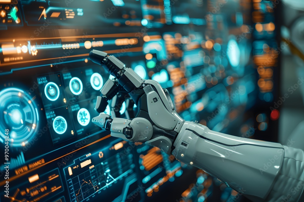 Poster futuristic robotic hand interacting with a high-tech control interface