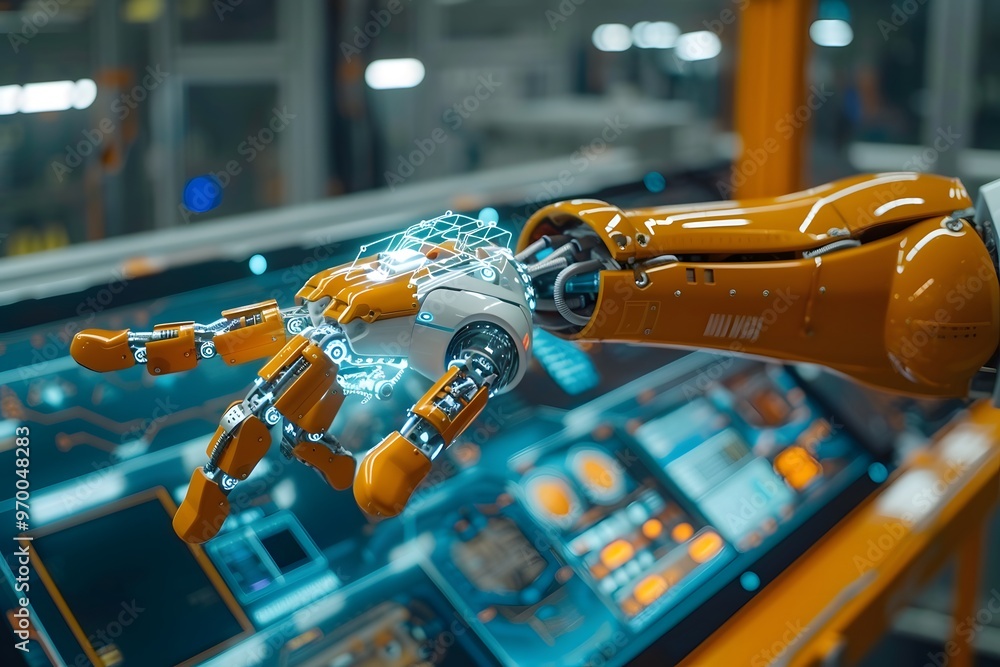 Poster advanced robotic hand in a high-tech environment