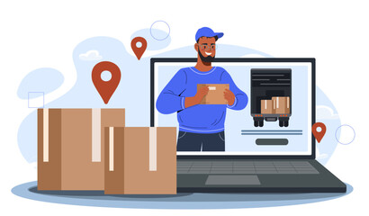 Logistics at laptop concept. Man with cardboard boxes on laptop screen. Online shopping, electronic commerce and home delivery. Shipping and transportation. Flat vector illustration
