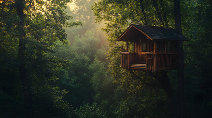 A treehouse with a hidden reading nook set high in the treetops with a panoramic view of the forest.