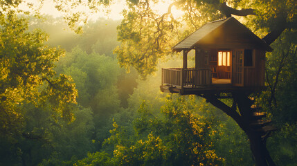 A treehouse with a hidden reading nook set high in the treetops with a panoramic view of the forest.