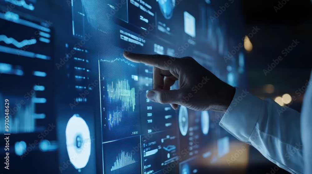 Poster hand interacting with digital data visualization
