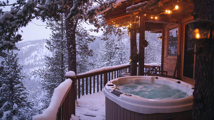 A treehouse with a hot tub on the deck overlooking a snowy winter wonderland.