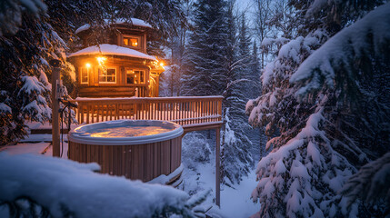A treehouse with a hot tub on the deck overlooking a snowy winter wonderland.