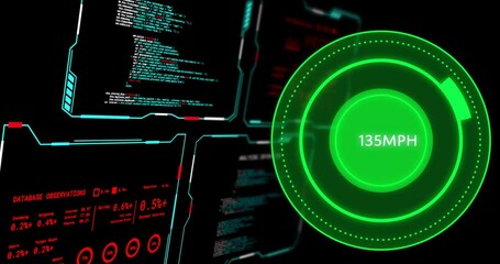 Animation of digital data processing over screens and green speedometer on black background - Powered by Adobe