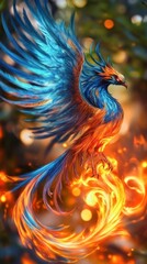 Obraz premium Majestic phoenix with vibrant blue and orange feathers rising from flames