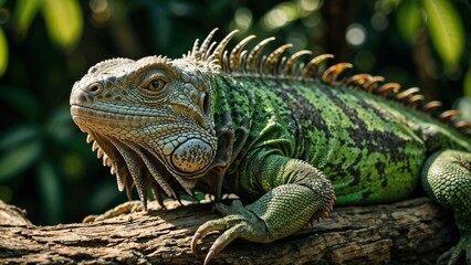 Majestic iguana resting on a branch with vibrant green foliage in a lush environment