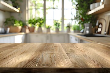 Fototapeta premium Bright and Inviting Kitchen with a Wooden Countertop Surrounded by Lush Greenery
