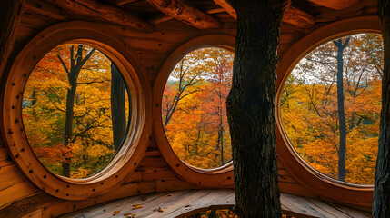 A treehouse with large round windows offering a panoramic view of a colorful autumn forest.