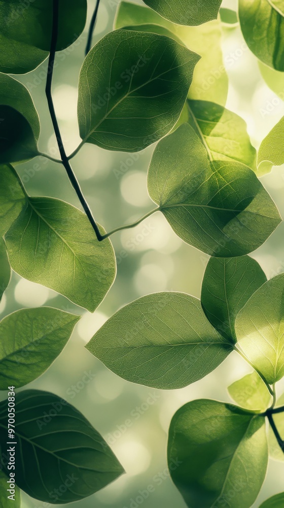 Poster green leaves with sunlight filtering through, nature background. tranquil and refreshing concept