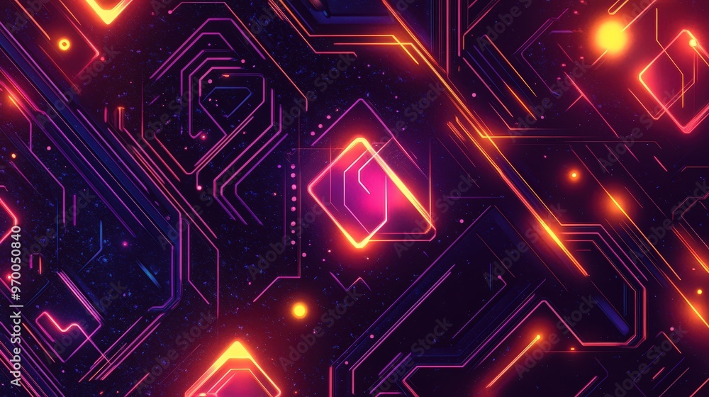 Aufkleber retro futuristic pattern with neon geometric shapes and sci-fi elements.
