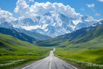 Scenic Mountain Road Surrounded by Lush Greenery and Majestic Peaks