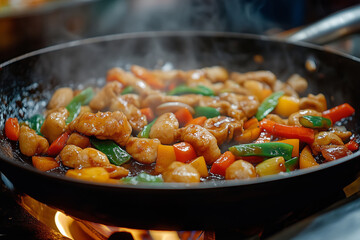 Wok cooking vibrant Asian stir-fry filled with colorful vegetables and tender chicken in a bustling kitchen setting