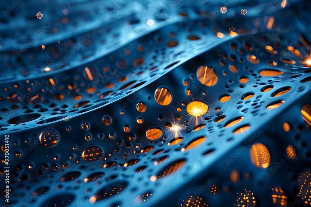 Poster intricate blue wave patterns with glowing orbs and dots