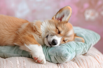 Welsh corgi puppy sleep on soft floral cushion in a bright room. Image in style of studio pet photography for poster, banner, greeting card or wallpaper with copy space