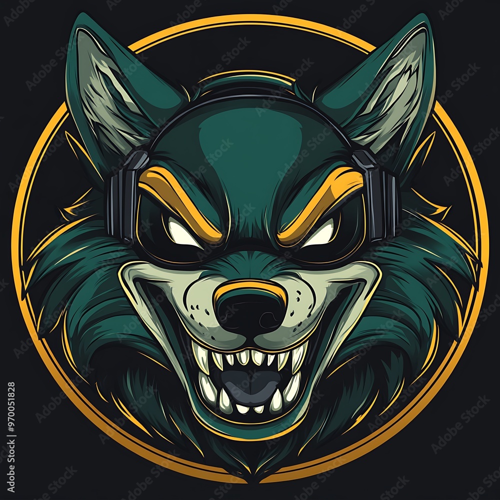 Canvas Prints Green wolf head with headphones and yellow accents. Aggressive, cool, and stylized animal illustration for mascot, logo, or gaming design.