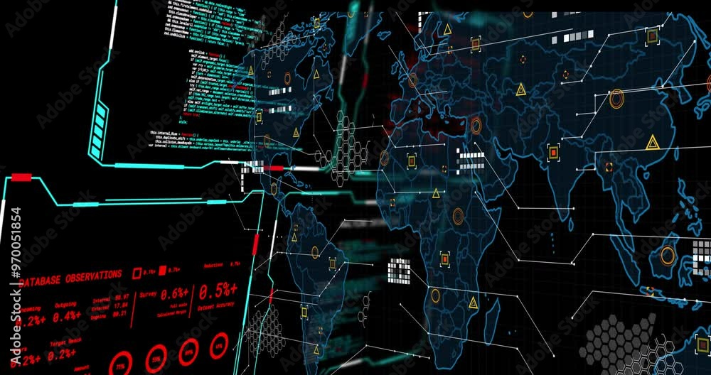 Poster animation of digital data processing over screens and world map on black background