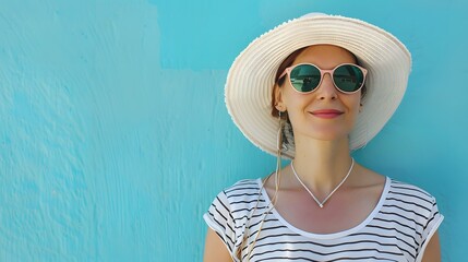 Woman in a summer look sunglasses and hat against a blue background