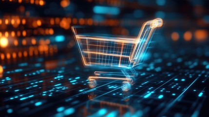 Abstract digital data flowing into a glowing shopping cart icon, sleek futuristic Cyber Monday style