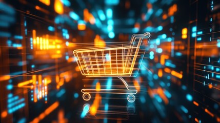 Abstract digital data flowing into a glowing shopping cart icon, sleek futuristic Cyber Monday style