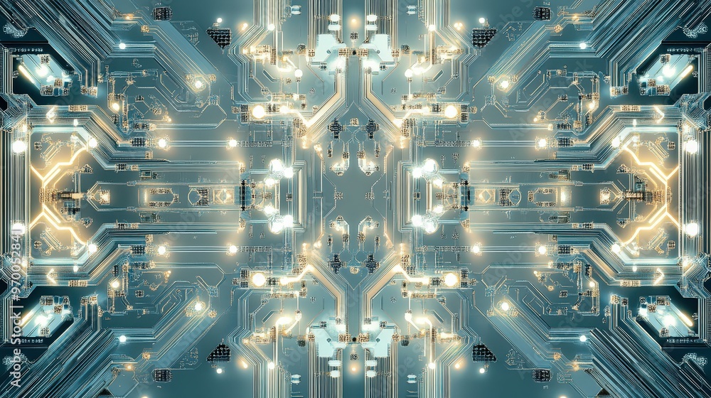 Poster futuristic circuit board pattern with intricate lights and tech design.