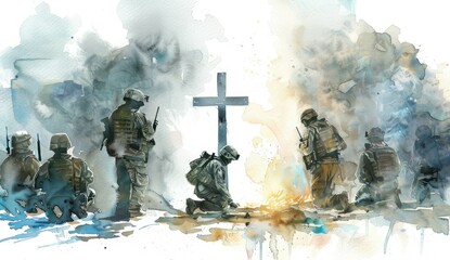 Watercolor painting of soldiers kneeling by a cross in a battlefield