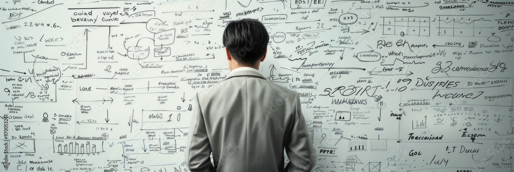 Poster an individual stands in front of a wall filled with intricate diagrams and notes, deep in thought ab