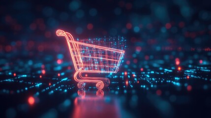 Abstract digital data flowing into a glowing shopping cart icon, sleek futuristic Cyber Monday style