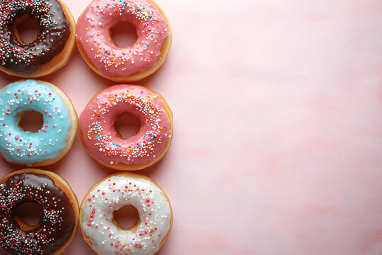 A vibrant display of donuts sits on a soft pink background, showcasing chocolate, strawberry, and vanilla glazes adorned with colorful sprinkles, inviting indulgence.