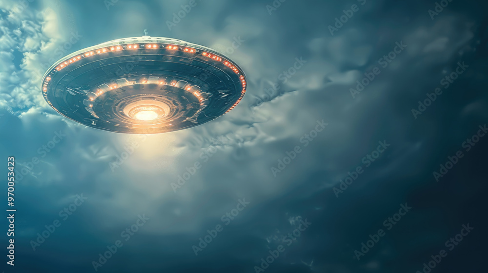Aufkleber a mysterious ufo emits a bright light while hovering in ominous clouds during twilight