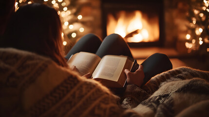 A couple reading a book together by a fireplace with a cozy blanket wrapped around them.
