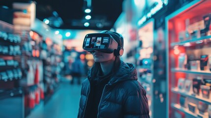 Person wearing VR headset with holographic products for Cyber Monday shopping experience