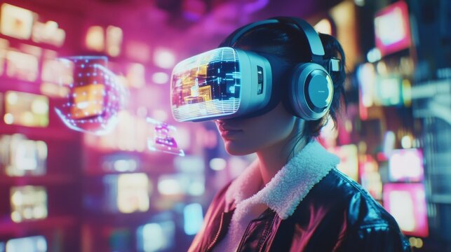 Person wearing VR headset with holographic products for Cyber Monday shopping experience