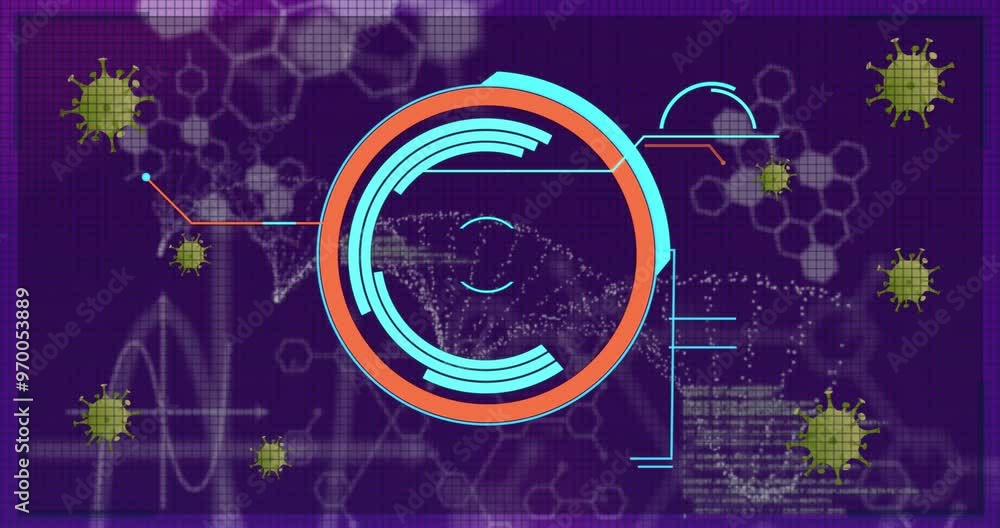 Poster animation of dna strand and scientific data processing over dark background